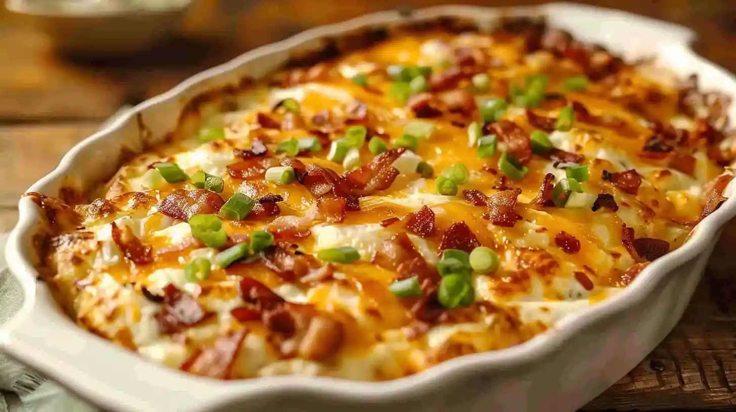 Crack Breakfast Casserole topped with bacon, cheese, and green onions in a baking dish