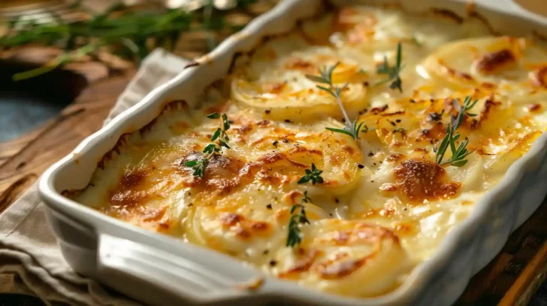 Creamy Baked Onions with Asiago Cheese in a white baking dish