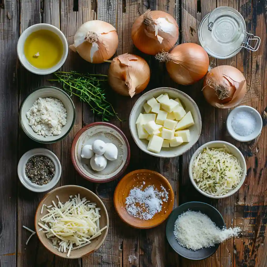 Ingredients for Creamy Baked Onions with Asiago Cheese on wooden table