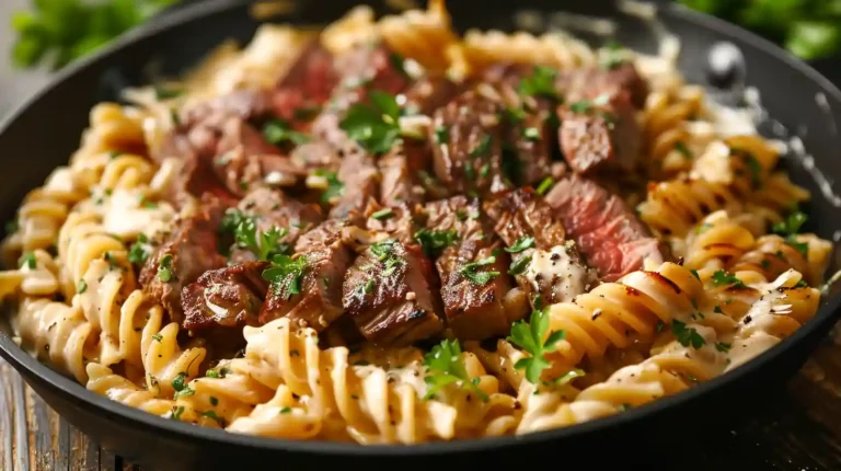 Creamy Garlic Butter Steak & Pasta Recipe served in a skillet