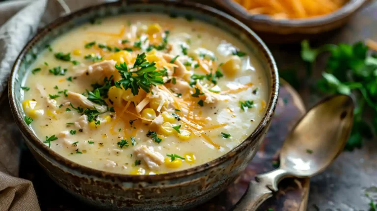 Crockpot Chicken Corn Chowder served in a rustic bowl with cheese and herbs