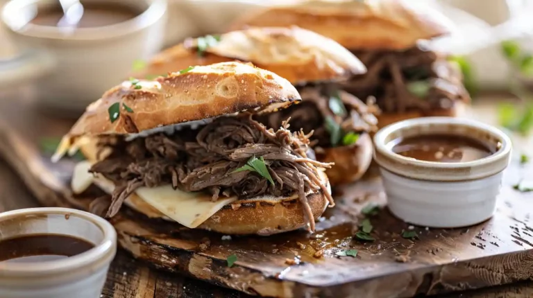 Crockpot French Dip Sandwiches with shredded beef, melted cheese, and au jus