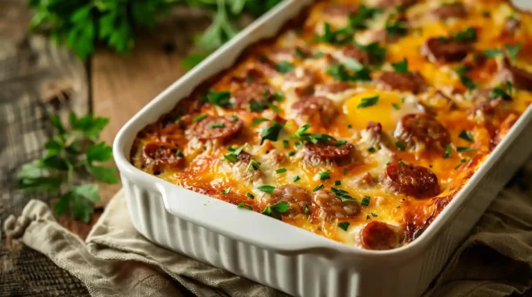Easy Sausage and Egg Casserole with golden baked cheese, sausage slices, and herbs