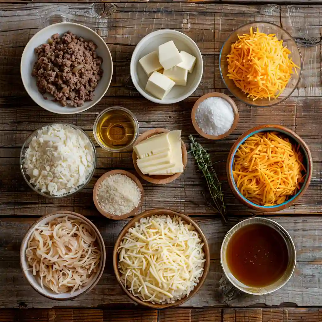 Ingredients for French Onion Beef Casserole including cheese, ground beef, butter, onions, and broth
