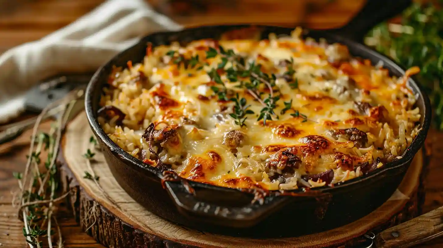 French Onion Beef Rice Casserole baked with cheese and herbs in a cast iron skillet