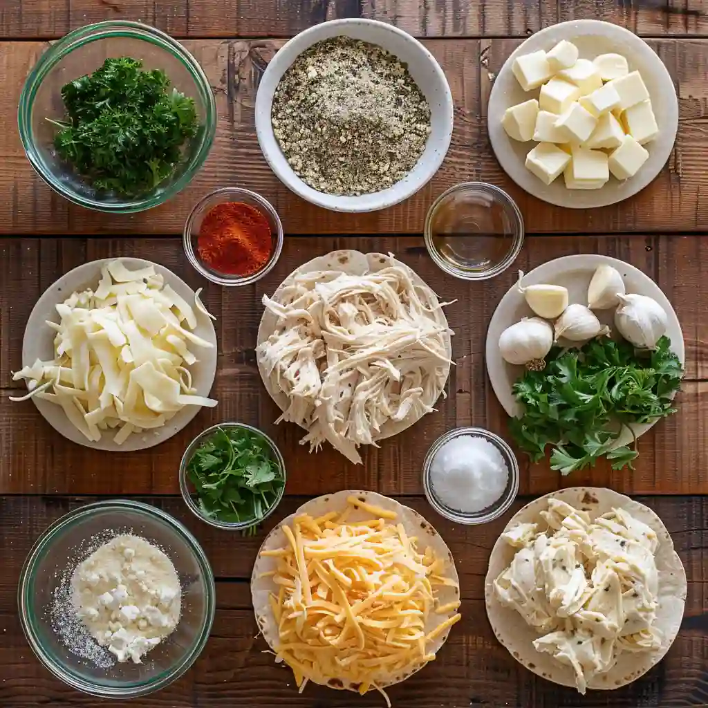 Ingredients for Garlic Chicken Wraps including shredded chicken, garlic, cheeses, and spices