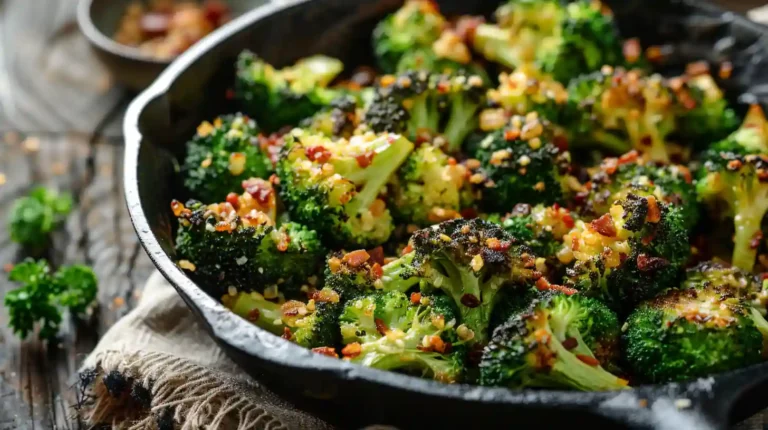 Creamy Garlic Parmesan Broccoli with Bacon in a skillet