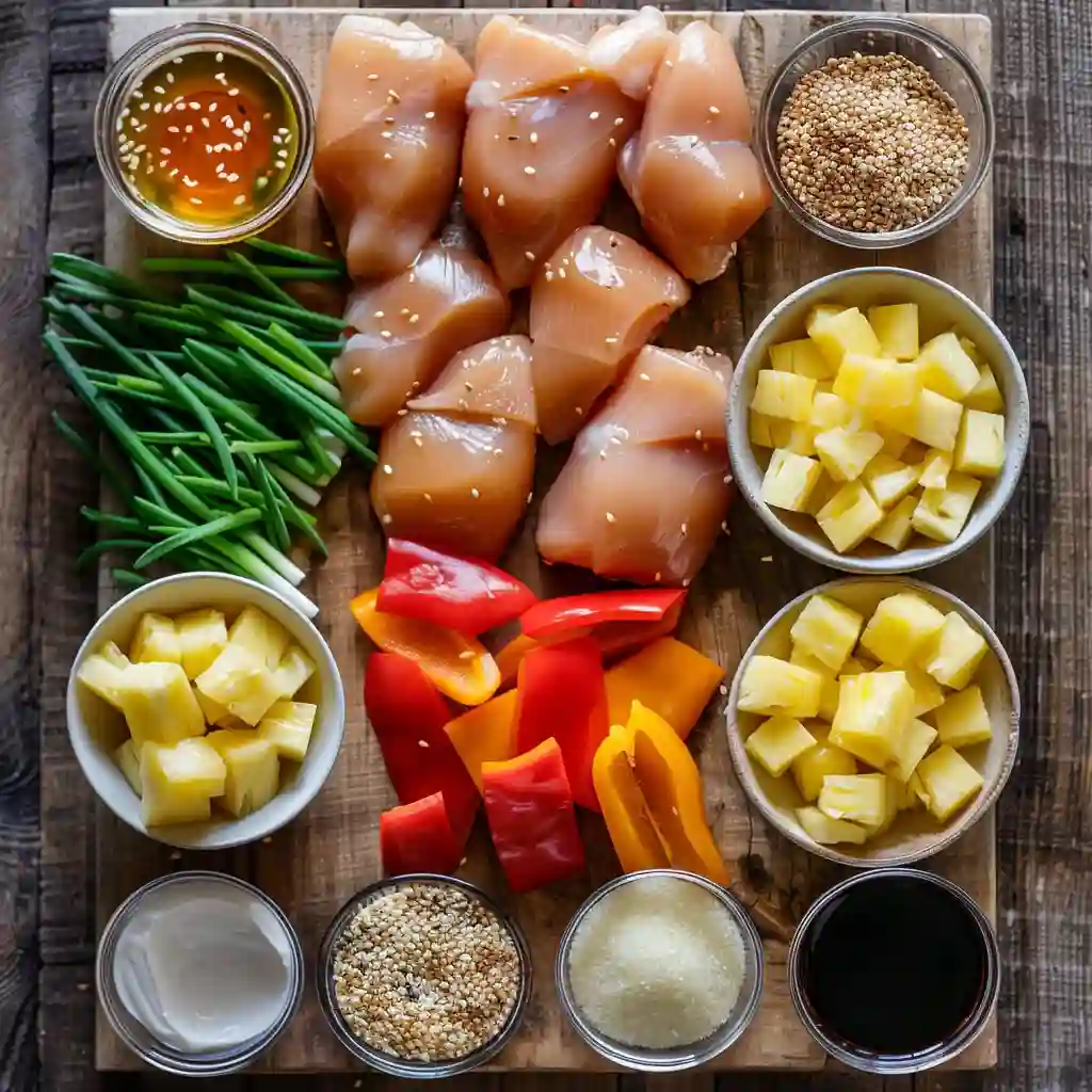 Ingredients for Hawaiian Crockpot Chicken including raw chicken, pineapple, peppers, and sauce components