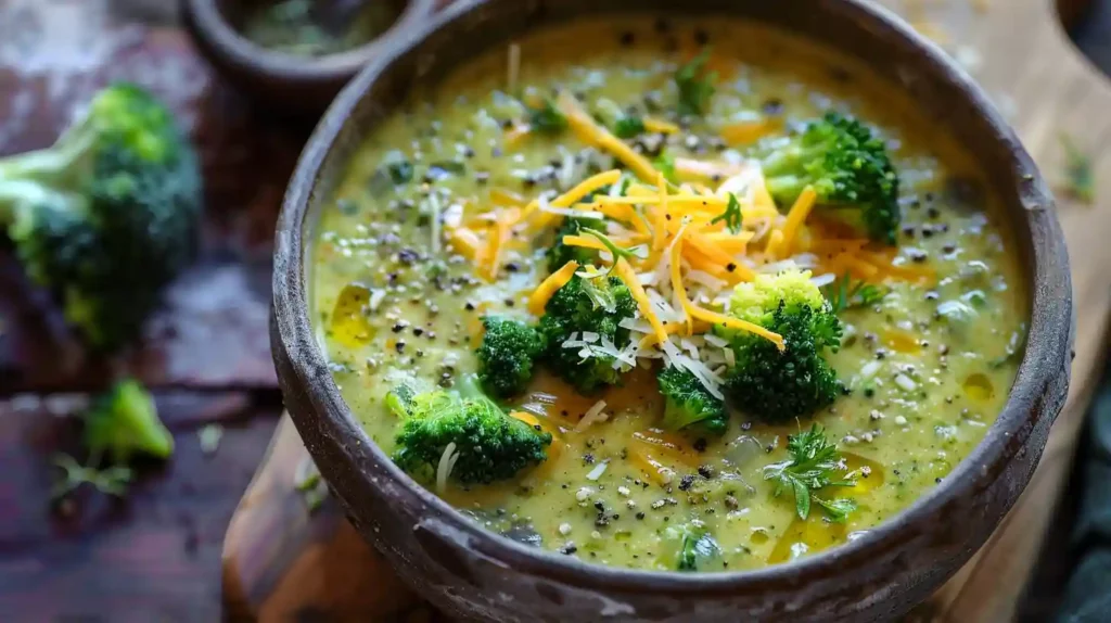 Healthy Broccoli Cheddar Soup topped with fresh broccoli and shredded cheese
