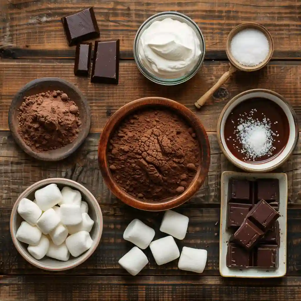Homemade Hot Chocolate ingredients including cocoa powder and marshmallows