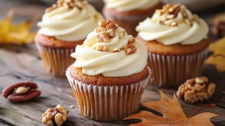 Maple Walnut Cupcakes topped with creamy frosting and chopped nuts