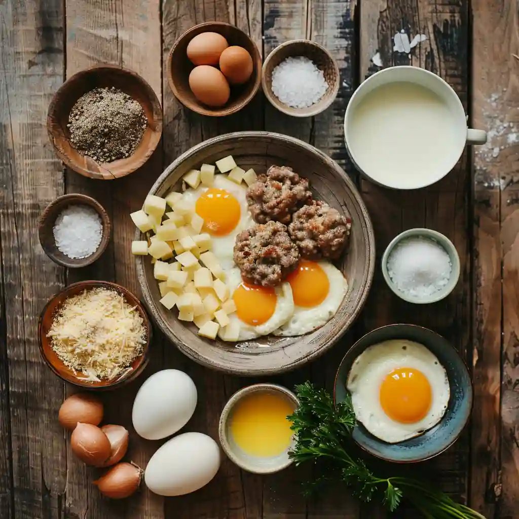 Ingredients for sausage and egg casserole including sausage patties, eggs, cheese, and cream
