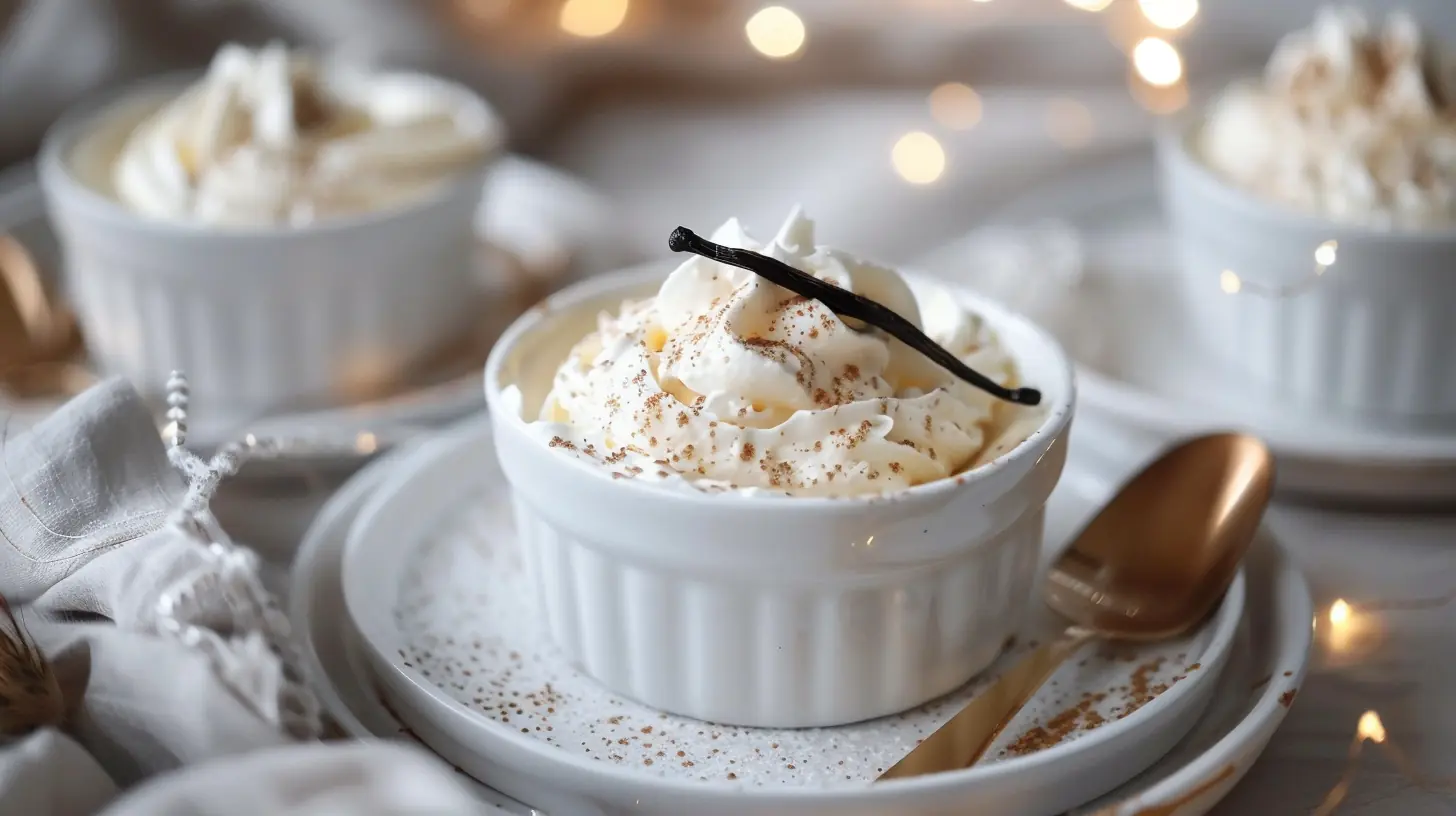 Soft and Sweet Vanilla Dessert topped with whipped cream in a white ramekin