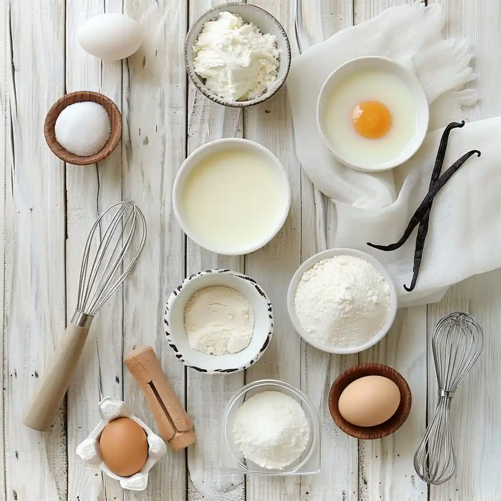Ingredients for Soft and Sweet Vanilla Dessert including eggs, vanilla beans, and dairy