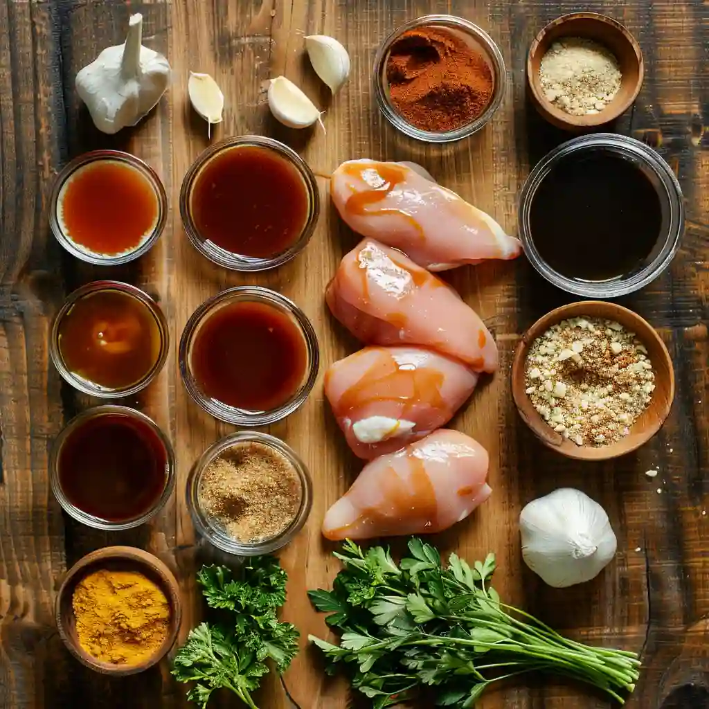 Ingredients for Sweet Baby Ray’s Chicken including BBQ sauce, chicken breasts, garlic, and spices