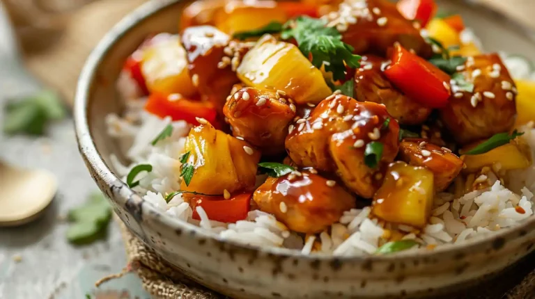 Sweet Hawaiian Crockpot Chicken served over rice with pineapple and bell peppers