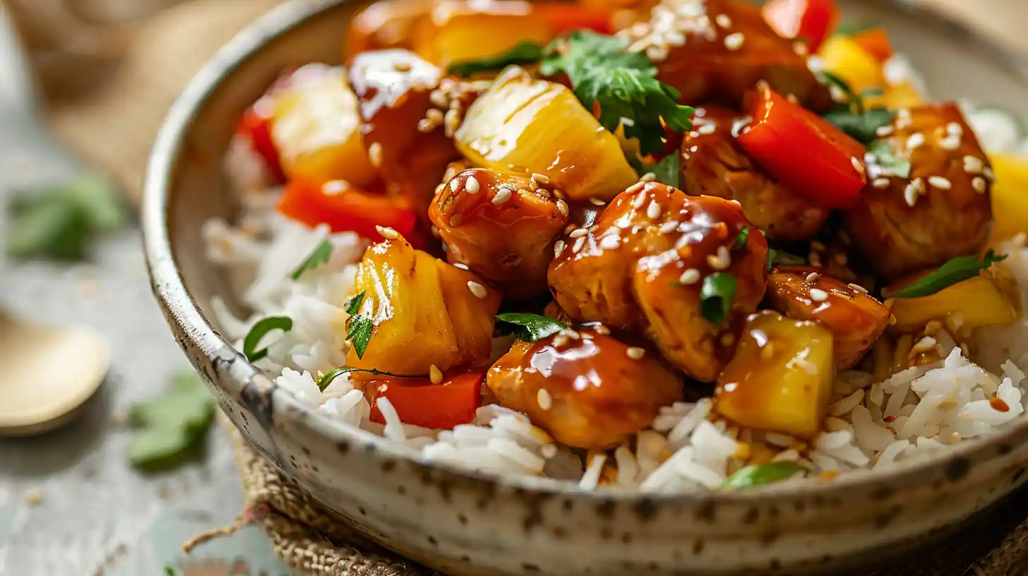 Sweet Hawaiian Crockpot Chicken served over rice with pineapple and bell peppers