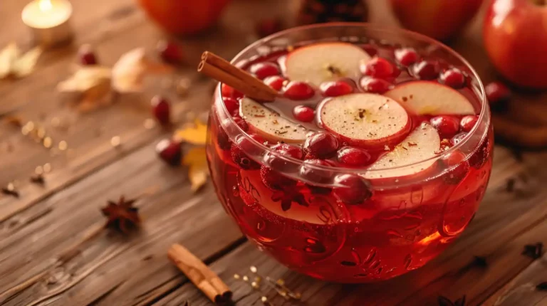 Thanksgiving Punch with apple slices, cranberries, and cinnamon