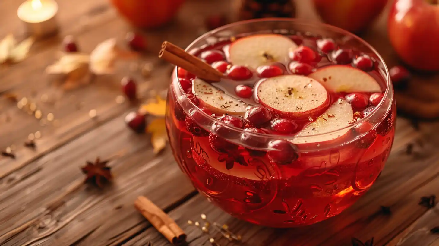 Thanksgiving Punch with apple slices, cranberries, and cinnamon