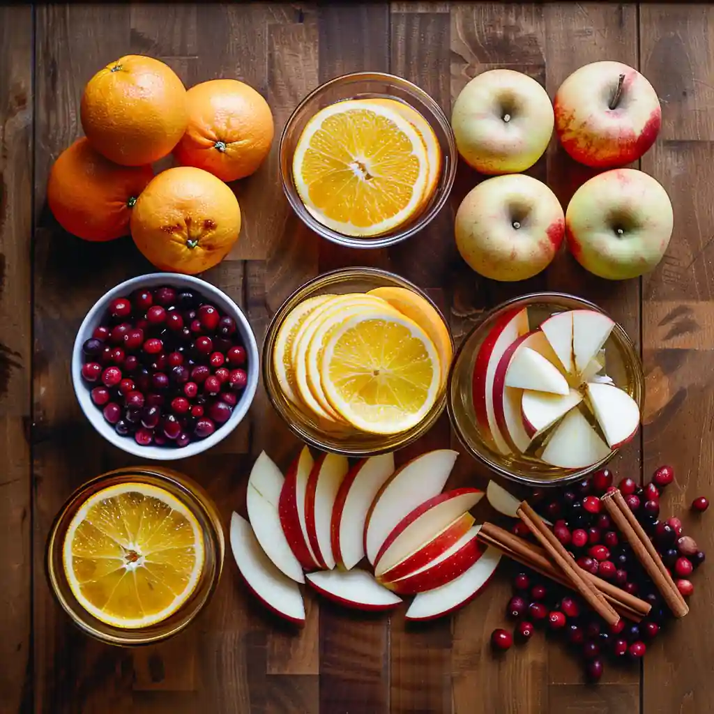 Thanksgiving Punch ingredients including apples, oranges, and cranberries