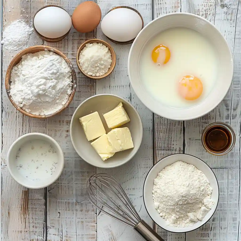 Vanilla Magic Custard Cake ingredients arranged on whitewashed wooden surface