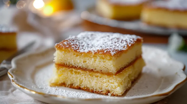 Slice of Vanilla Magic Custard Cake dusted with powdered sugar