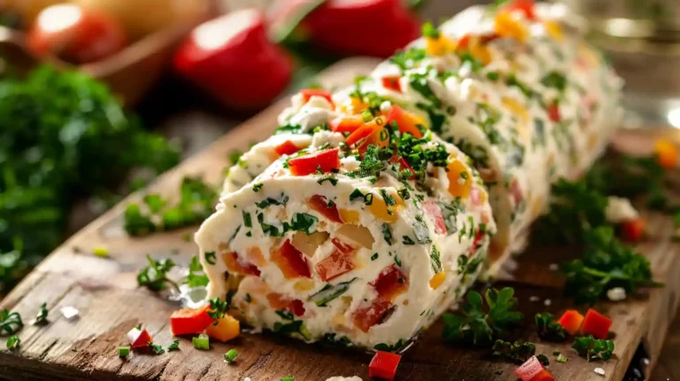 Antipasto Cream Cheese Log with colorful vegetables and herbs