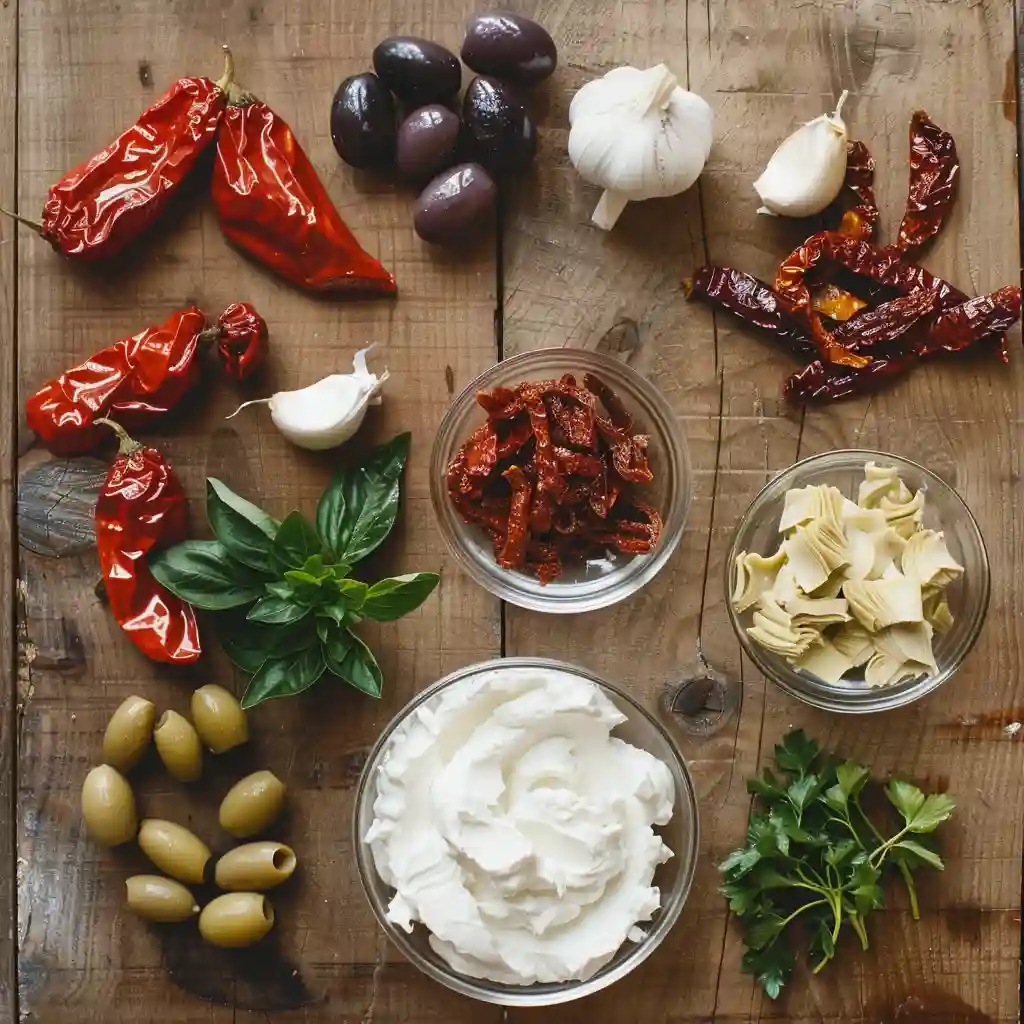 Ingredients for Antipasto Cream Cheese Log including roasted peppers and olives