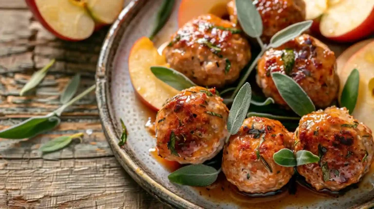 Apple and sage turkey meatballs served with fresh apple slices and herbs