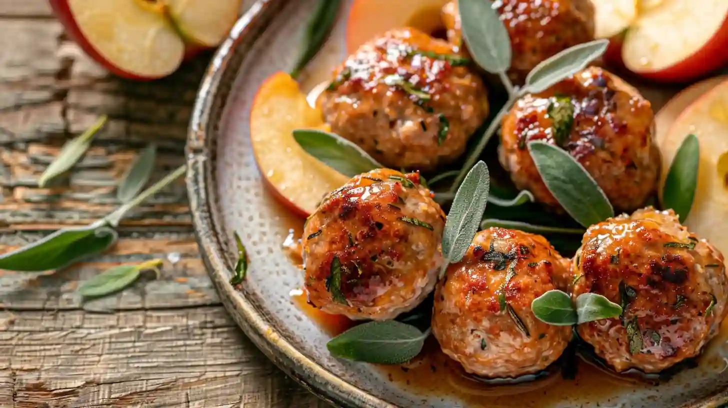 Apple and sage turkey meatballs served with fresh apple slices and herbs