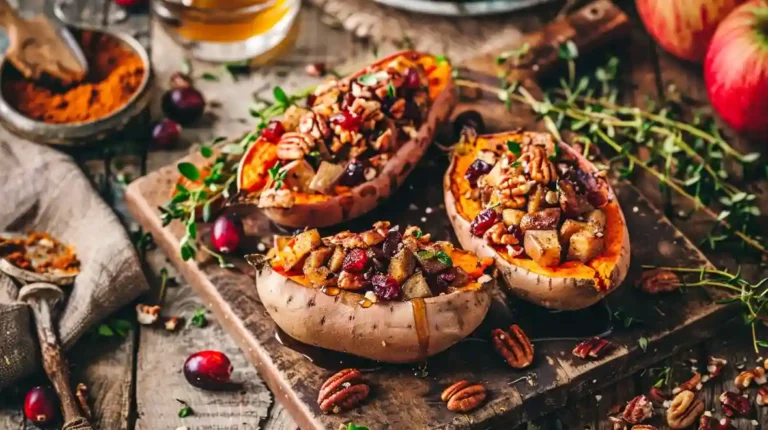 Baked apple spiced stuffed sweet potatoes with cranberries and pecans