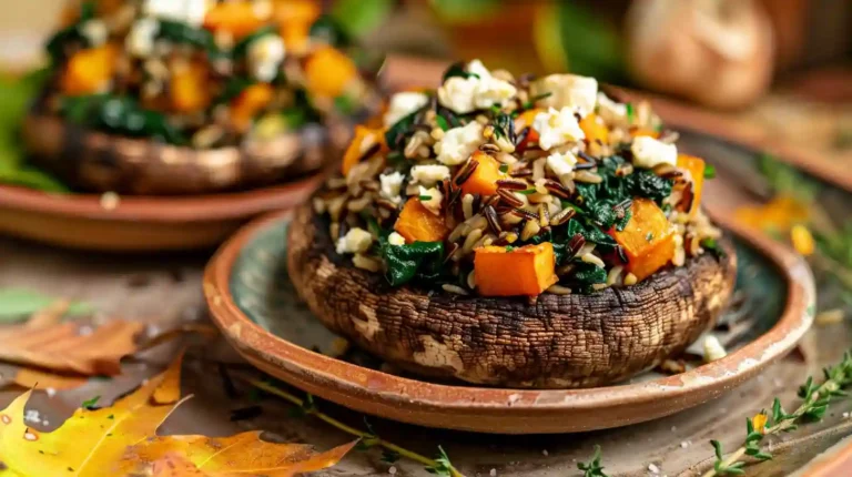 Autumn Harvest Stuffed Portobello Mushrooms with butternut squash and wild rice