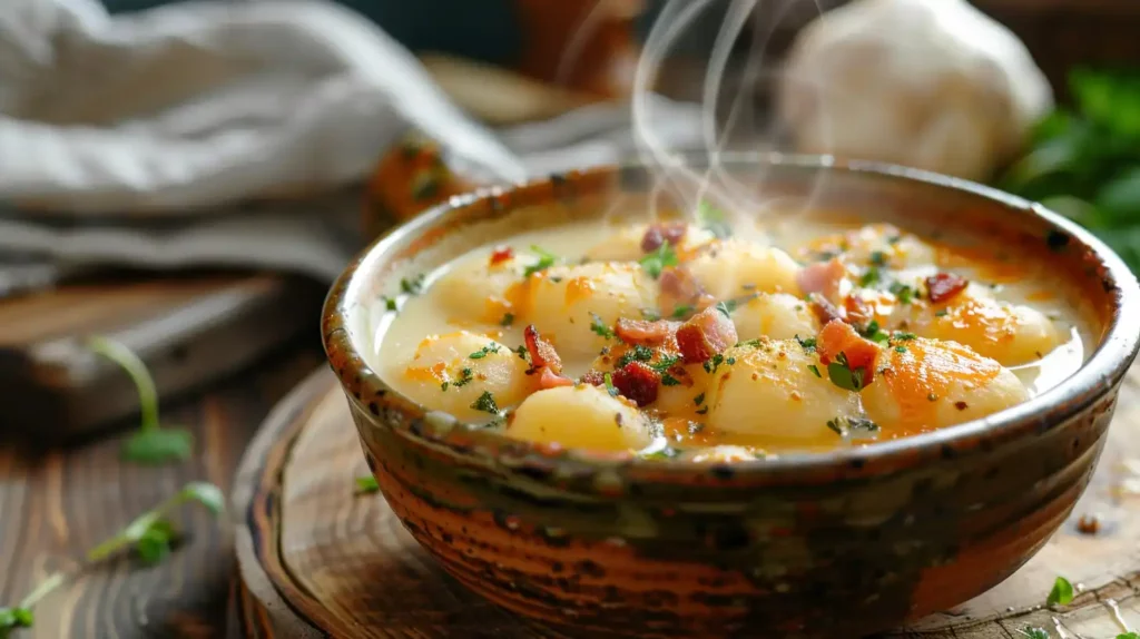 Bacon Cheddar Gnocchi Soup topped with crispy bacon and chives