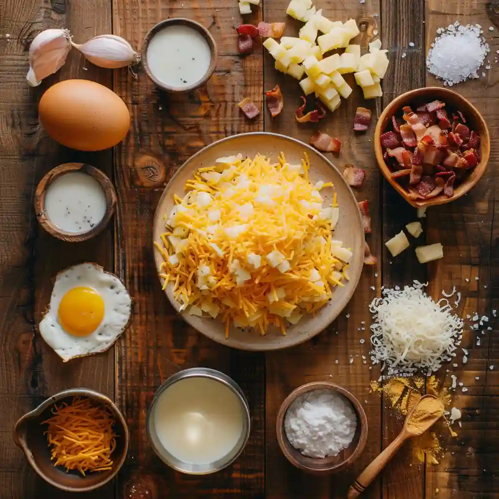 Ingredients for bacon potato and egg casserole