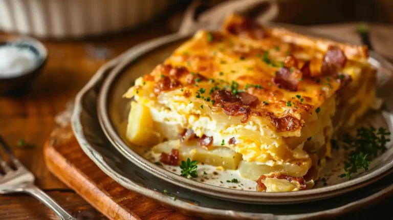 Baked bacon potato and egg casserole slice