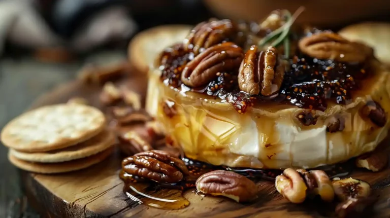 Baked brie with fig jam and pecans served with crackers on a wooden board