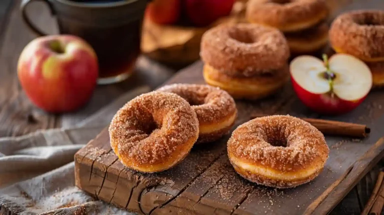 Baked apple cider donuts dusted with cinnamon sugar.