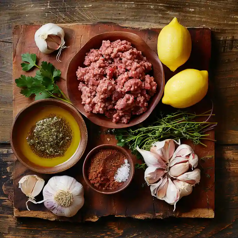 Beef kafta kebabs ingredients on rustic board