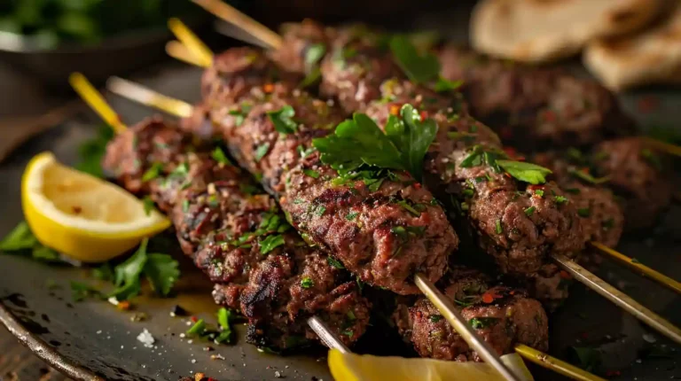 Grilled beef kafta kebabs on skewers with herbs and lemon
