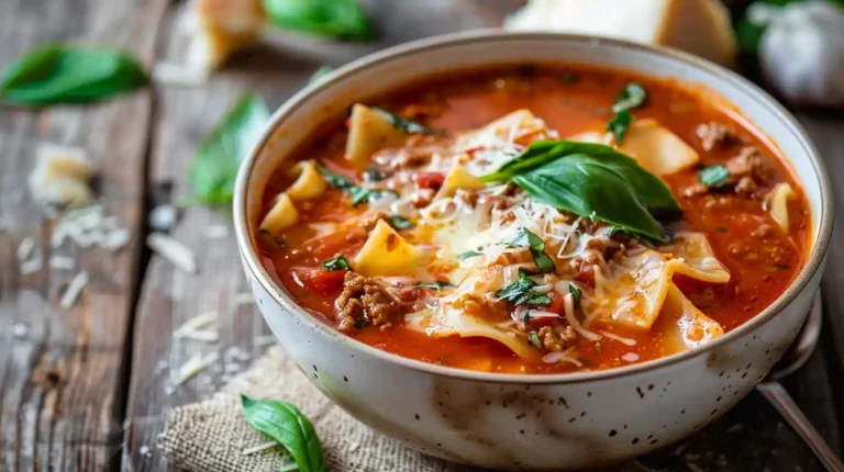 Best one pot lasagna soup served with fresh basil and cheese in a rustic bowl