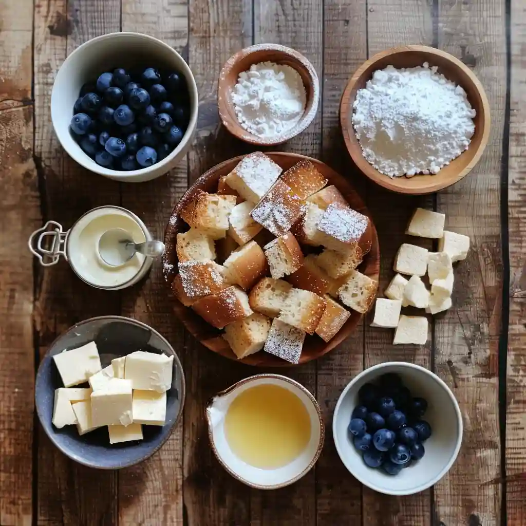 Ingredients for the best blueberry French toast casserole including bread cubes, blueberries, butter, and powdered sugar