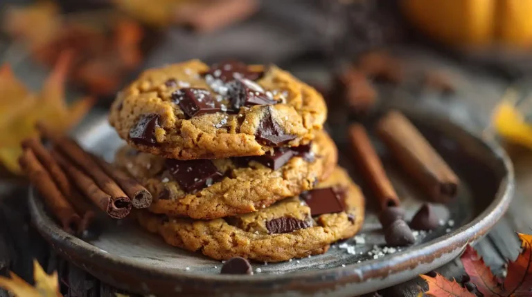 Brown Butter Pumpkin Chocolate Chip Cookies stacked with cinnamon and chocolate chunks