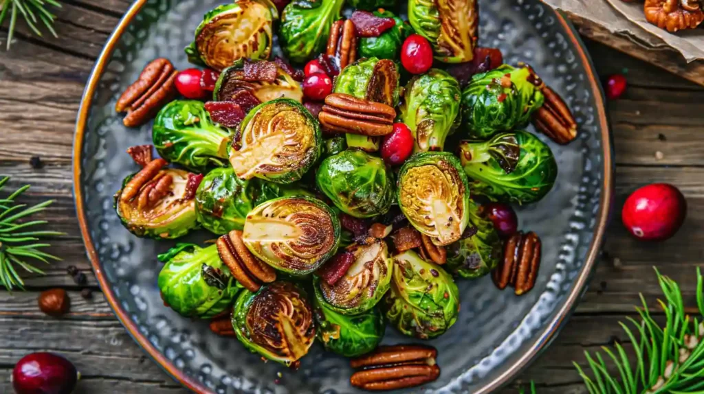 Brussels Sprouts with Bacon and Cranberries on a festive plate