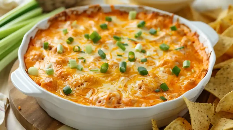 Baked buffalo chicken dip topped with green onions