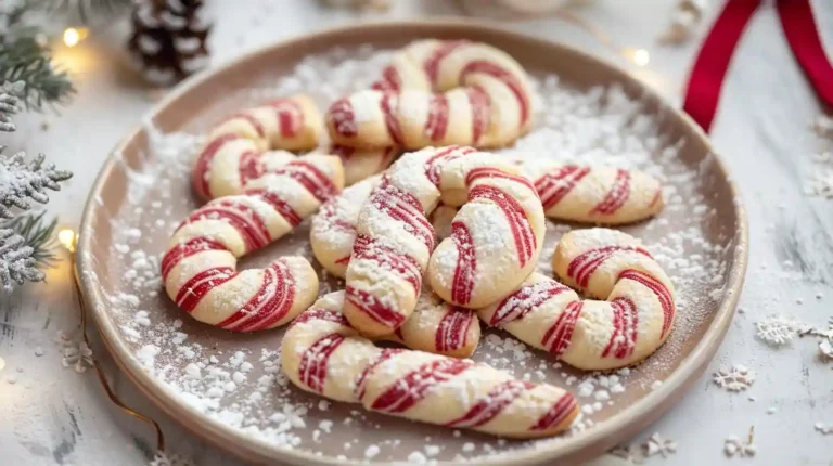 Candy Cane Cookies Recipe on a plate with powdered sugar and holiday decor in the background.
