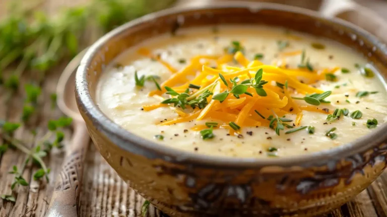 Bowl of cheddar garlic herb potato soup