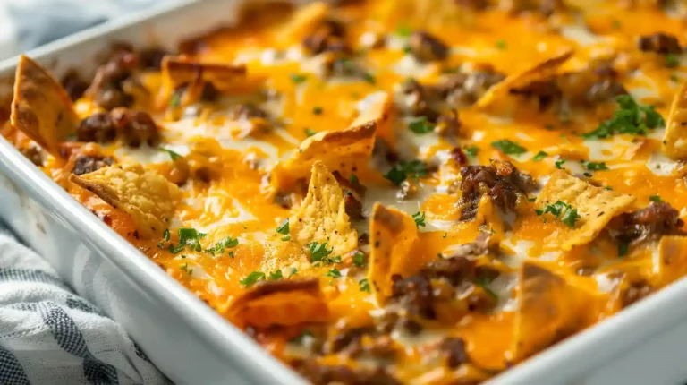 Top view of baked Cheesy Dorito Casserole with melted cheese and chips