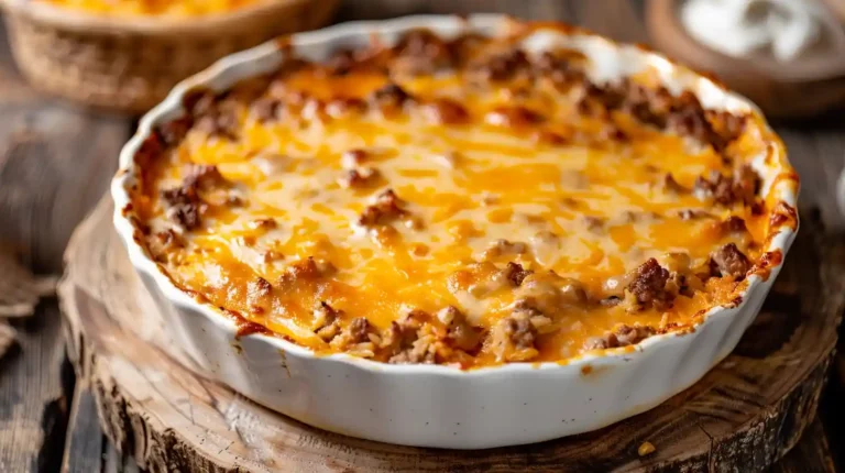 Top view of Cheesy Hamburger Rice Casserole with melted cheese