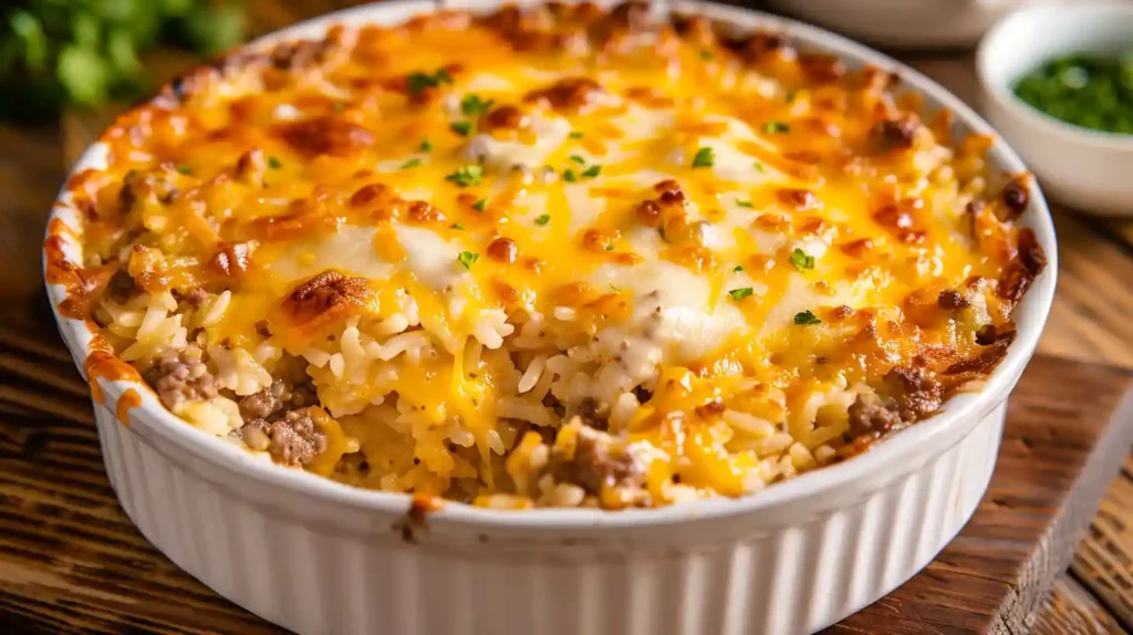 Close-up of Cheesy Hamburger Rice Casserole with parsley garnish