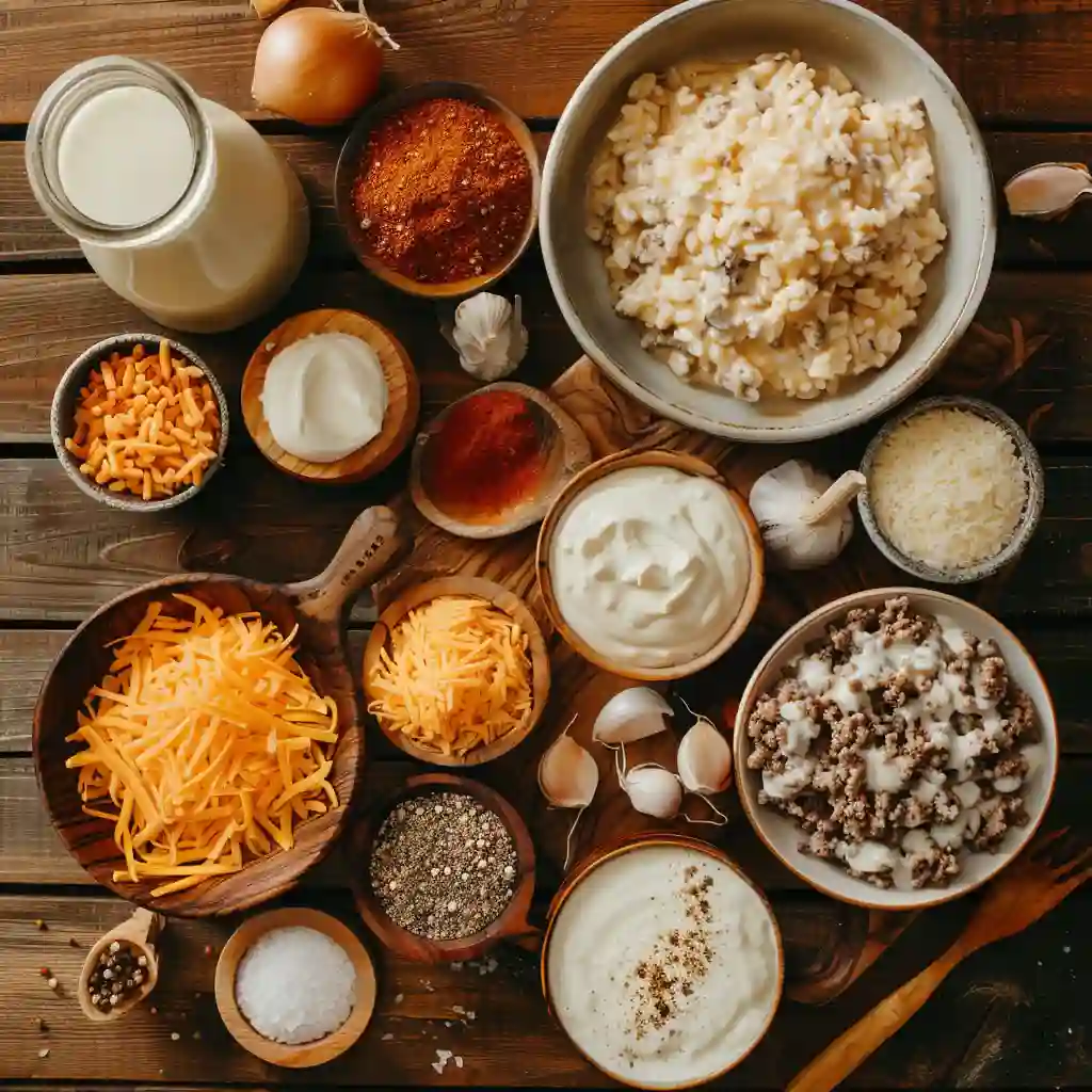 Ingredients for Cheesy Hamburger Rice Casserole on wooden table
